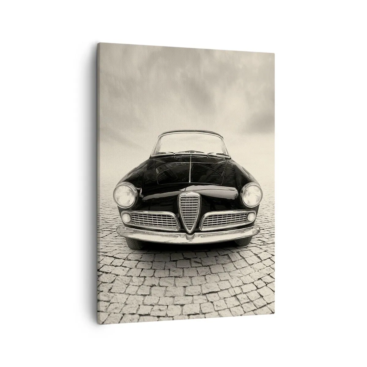 Quadro su tela - Stampe su Tela - Un'auto d'epoca su una piazza di ciottoli in stile monocromatico - 50x70cm - Come non amarmi? - Decorazione murale moderna per soggiorno e camera da letto ARTTOR
