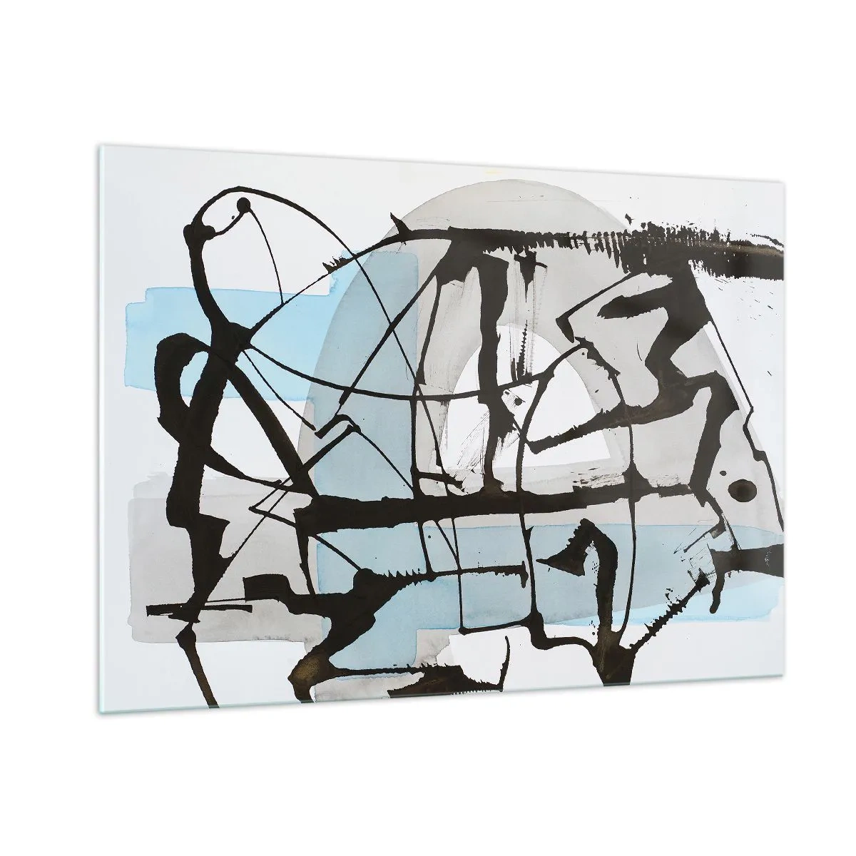Quadro su vetro - Composizione astratta con uno schizzo nero e macchie blu - 100x70cm - Blu nonostante tutto - Decorazione murale moderna per soggiorno e camera da letto ARTTOR