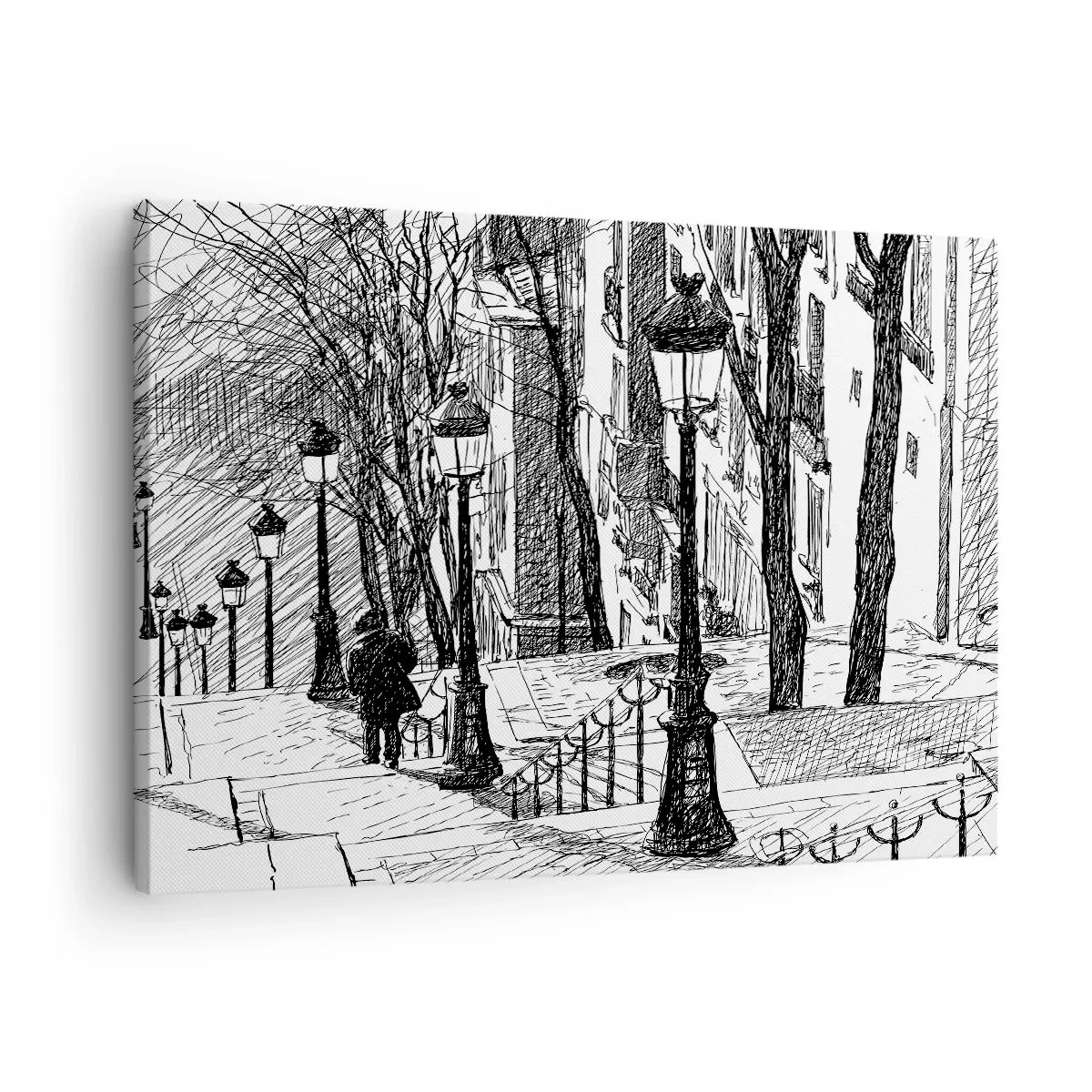 Quadro su tela - Stampe su Tela - Una strada con lampioni e una sagoma umana in tecnica di schizzo - 70x50cm - Storia d'amore o racconto di paura? - Decorazione murale moderna per soggiorno e camera da letto ARTTOR