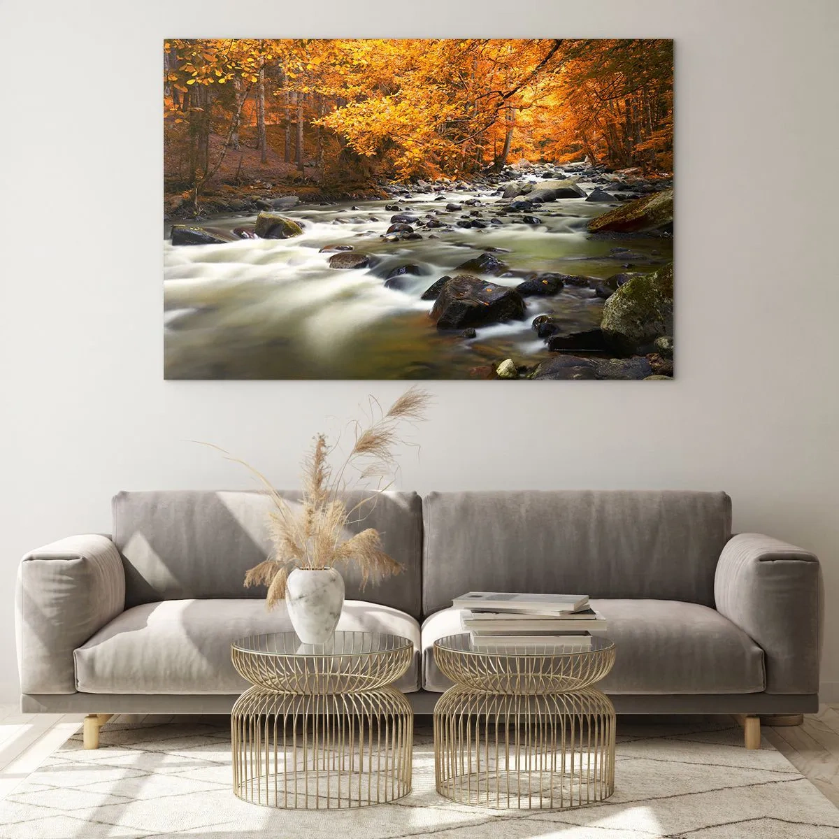 Quadro su vetro - Bosco autunnale con ruscello e pietre - 70x50cm - Ruscello nel bosco dorato - Decorazione murale moderna per soggiorno e camera da letto ARTTOR