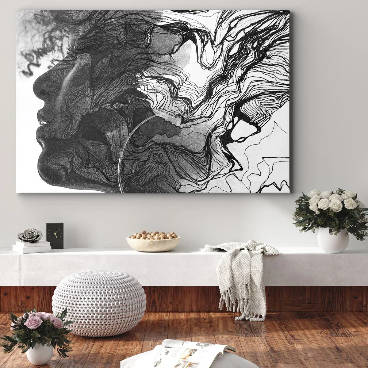 Quadro su tela - Stampe su Tela - Volto astratto in bianco e nero con linee dinamiche. - 100x70cm - Aggrovigliata nei sogni - Decorazione murale moderna per soggiorno e camera da letto ARTTOR