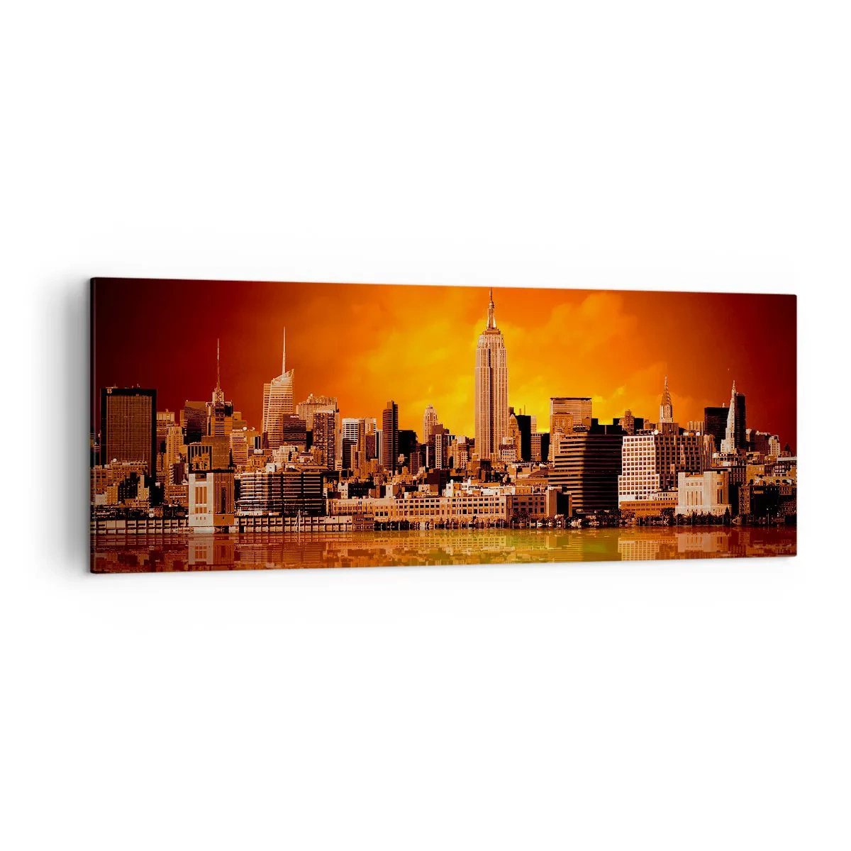 Quadro su tela - Stampe su Tela - Panorama della città al tramonto con gli edifici riflessi nell'acqua - 140x50cm - Panorama di grande città in giallo e marrone - Decorazione murale moderna per soggiorno e camera da letto ARTTOR