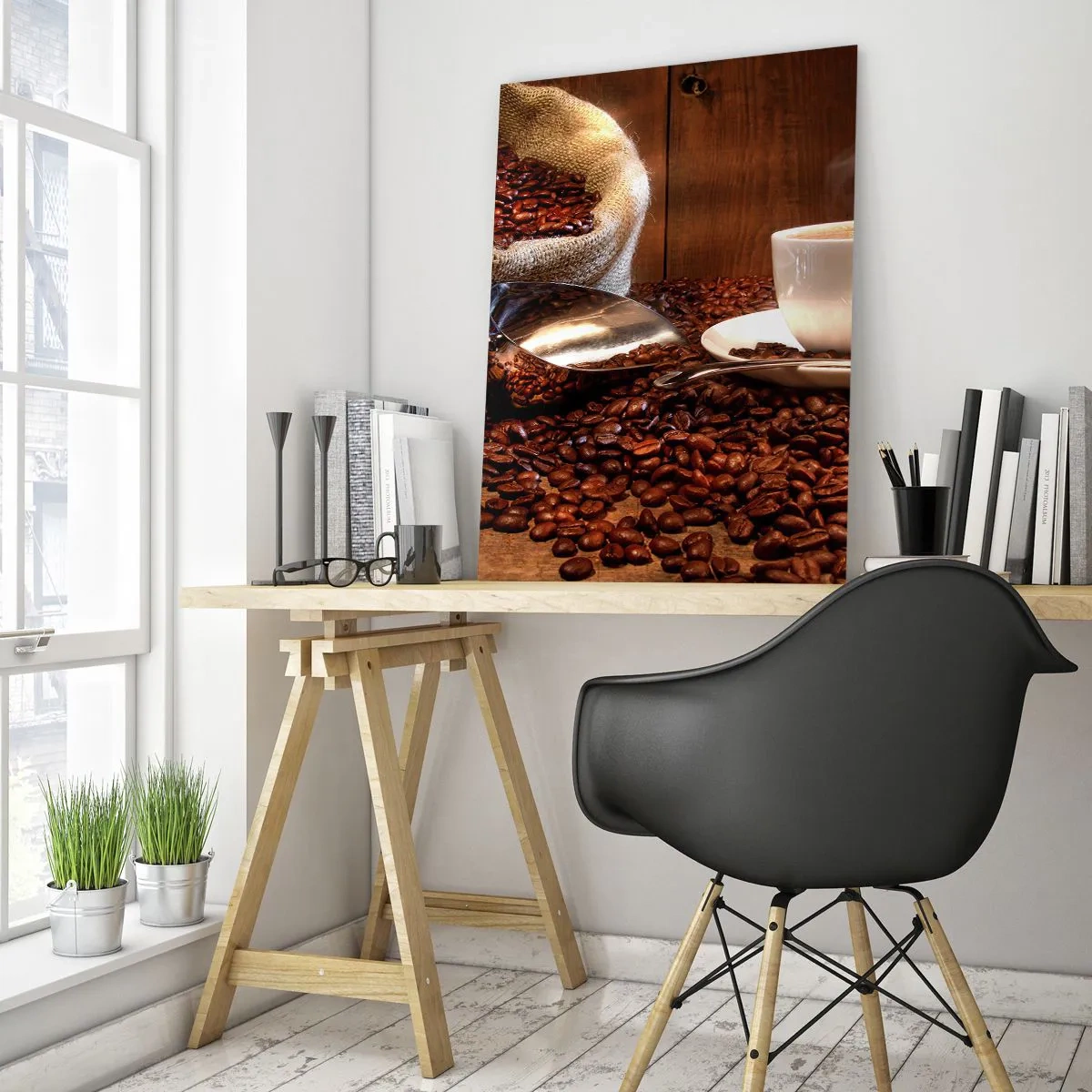 Quadro su vetro - Una tazza di caffè con chicchi di caffè e un sacco di cereali sullo sfondo - 70x100cm - Senti questo odore? - Decorazione murale moderna per soggiorno e camera da letto ARTTOR