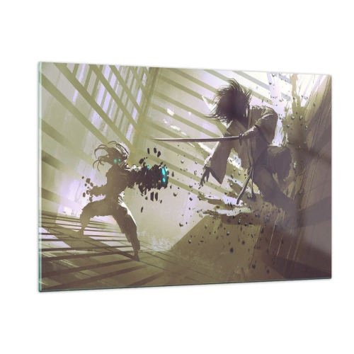 Quadro su vetro - Duello di samurai in una scena dinamica - 120x80cm - Anche tu puoi essere un samurai - Decorazione murale moderna per soggiorno e camera da letto ARTTOR