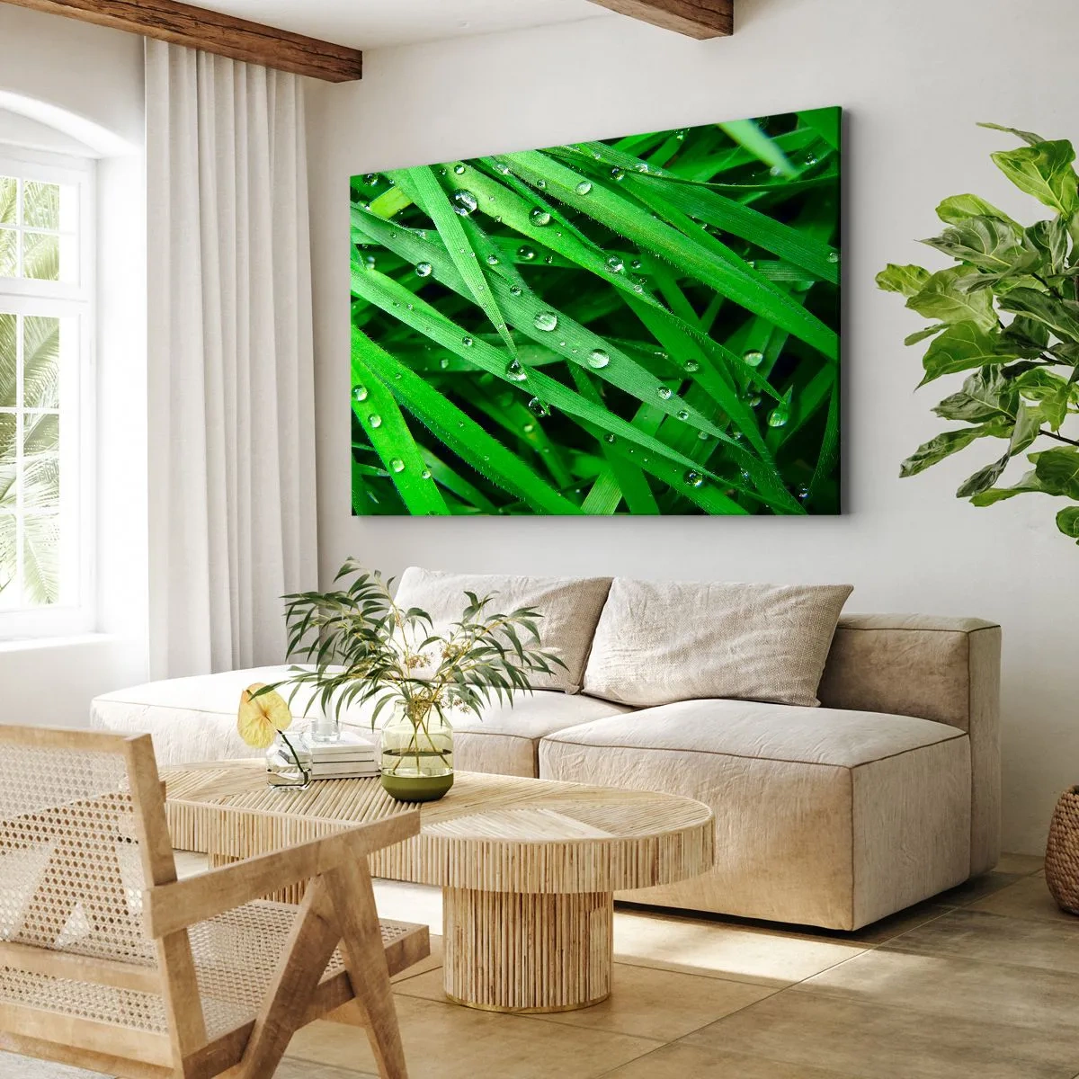 Quadro su tela - Stampe su Tela - Primo piano di fili d'erba verdi con gocce di rugiada - 70x50cm - Giocando con il verde - Decorazione murale moderna per soggiorno e camera da letto ARTTOR