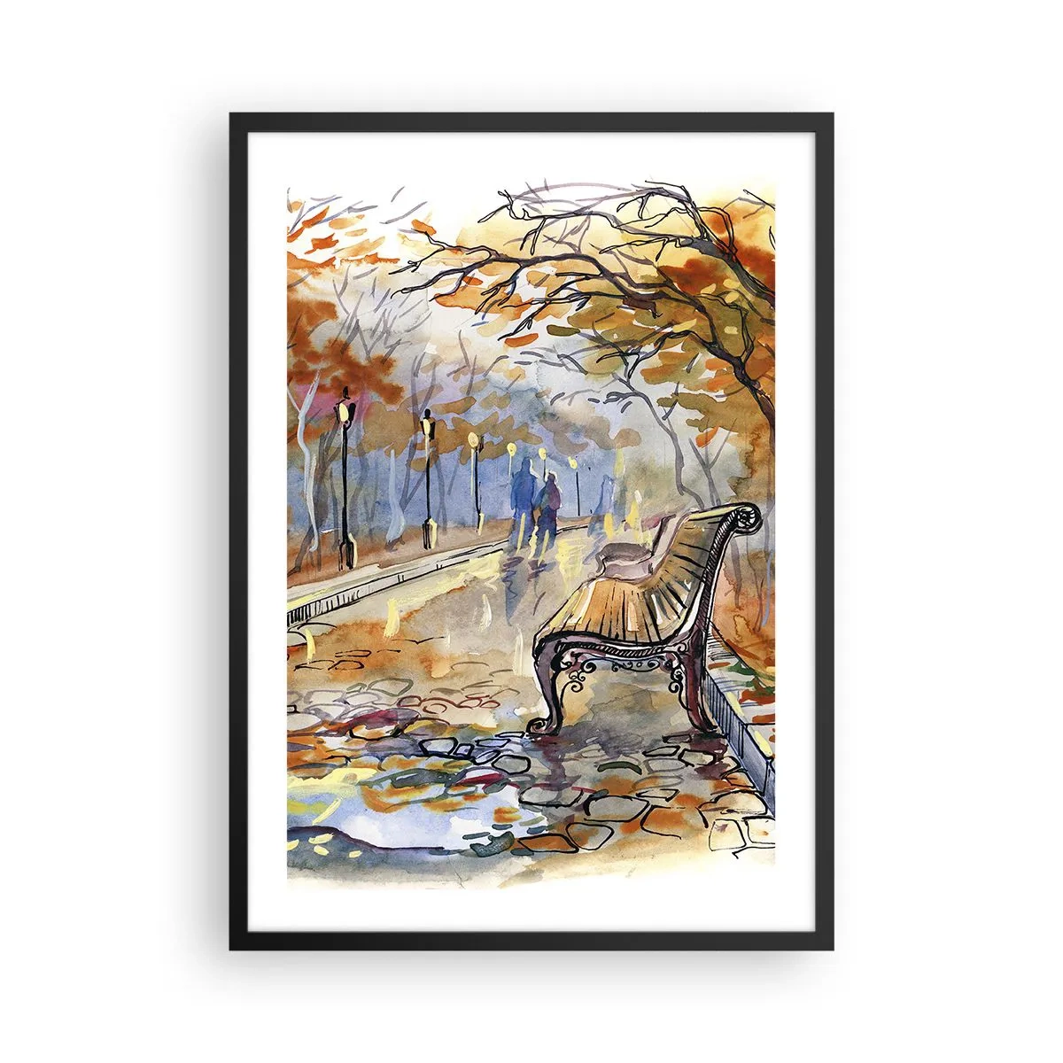 Poster in cornice nera - Panchina in un parco autunnale, acquerello - 50x70cm - Passeggiando insieme l'autunno - Decorazione murale moderna per soggiorno e camera da letto ARTTOR