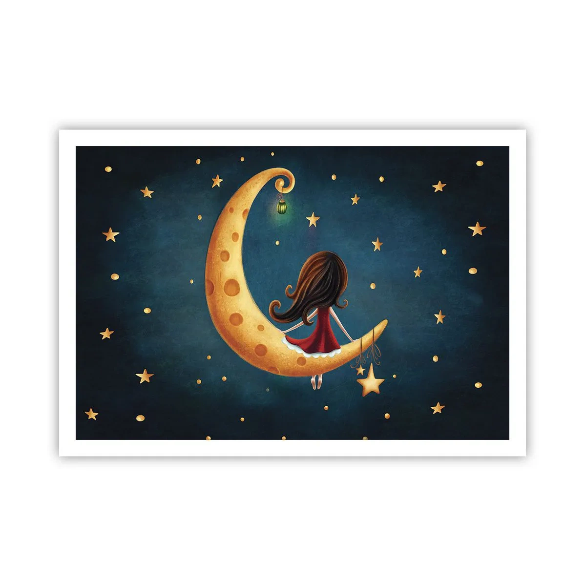 Poster - Una ragazza sulla luna circondata dalle stelle - 100x70cm - Una volta... - Decorazione murale moderna per soggiorno e camera da letto ARTTOR