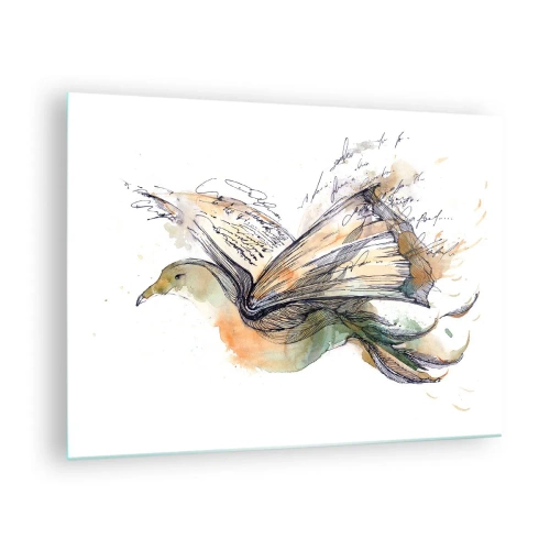 Quadro su vetro - Un uccello da un libro srotolato, una metafora artistica della conoscenza - 70x50cm - Sulle ali della poesia - Decorazione murale moderna per soggiorno e camera da letto ARTTOR