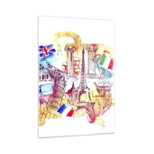 Quadro su vetro - Acquerello di monumenti europei con bandiere nazionali - 50x70cm - Tournée europea - Decorazione murale moderna per soggiorno e camera da letto ARTTOR
