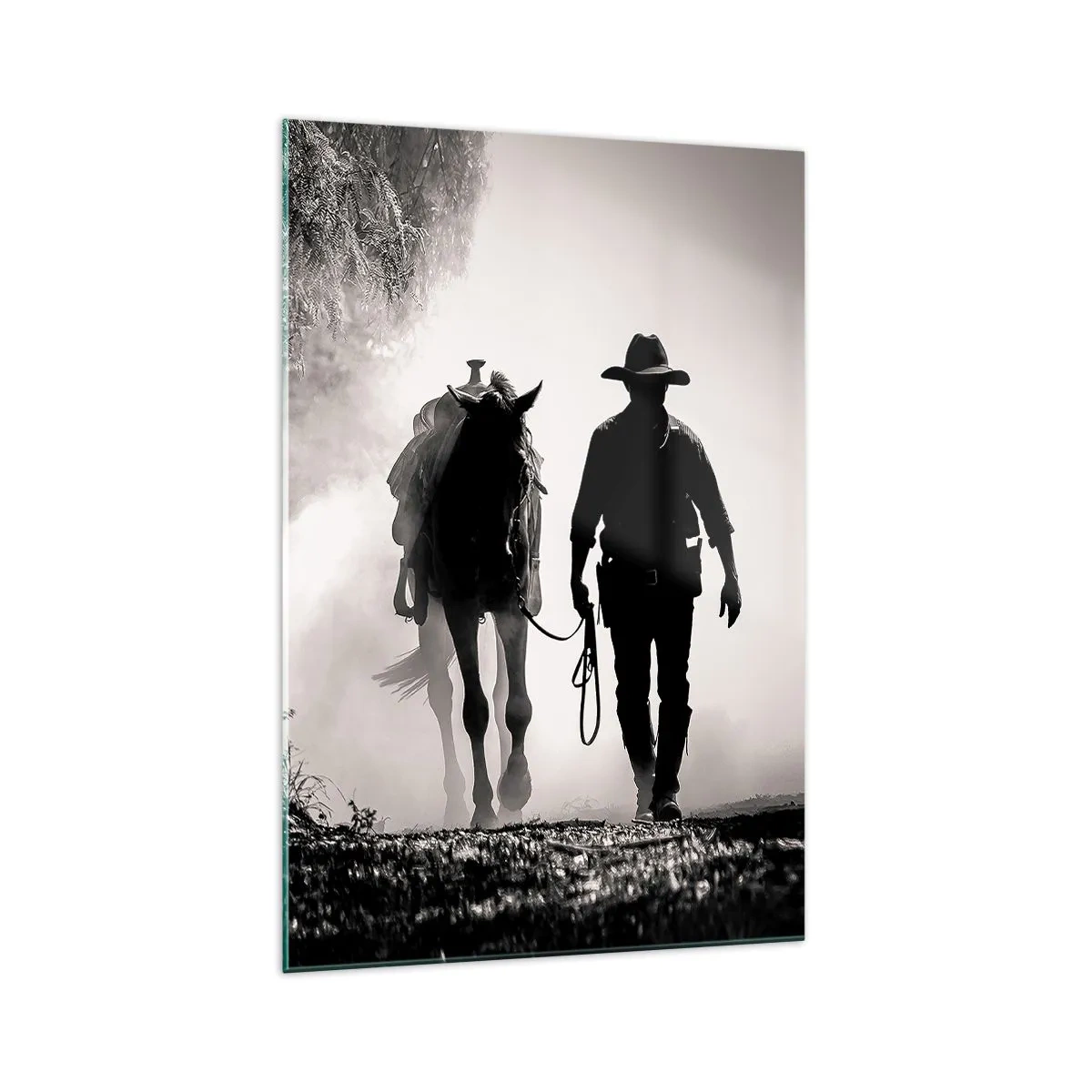 Quadro su vetro - Cowboy con cavallo nella nebbia mattutina - 70x100cm - Mattino texano - Decorazione murale moderna per soggiorno e camera da letto ARTTOR