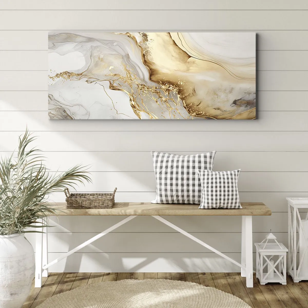 Quadro su tela - Stampe su Tela - Motivi astratti in oro e marmo su uno sfondo chiaro - 160x50cm - Astrazione: bellezza e bontà - Decorazione murale moderna per soggiorno e camera da letto ARTTOR