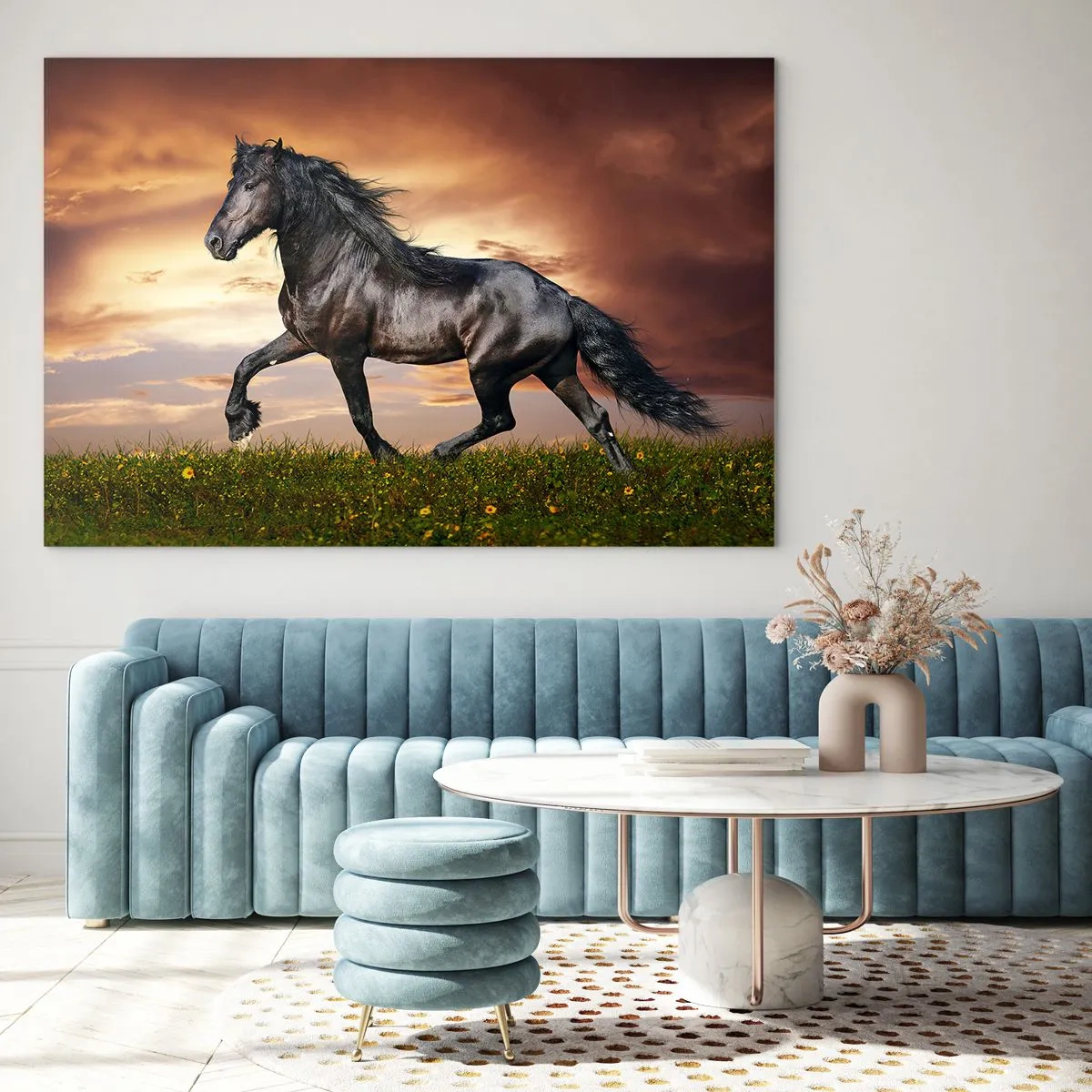 Quadro su vetro - Un cavallo nero che galoppa contro il sole al tramonto - 70x50cm - Il principe nero - Decorazione murale moderna per soggiorno e camera da letto ARTTOR