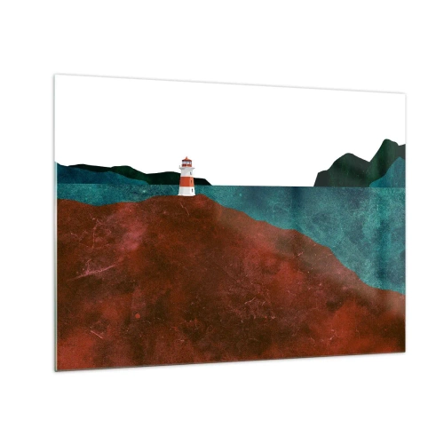 Quadro su vetro - Un faro sullo sfondo di un mare turchese e scogliere rosse - 70x50cm - Contemplando il mare - Decorazione murale moderna per soggiorno e camera da letto ARTTOR