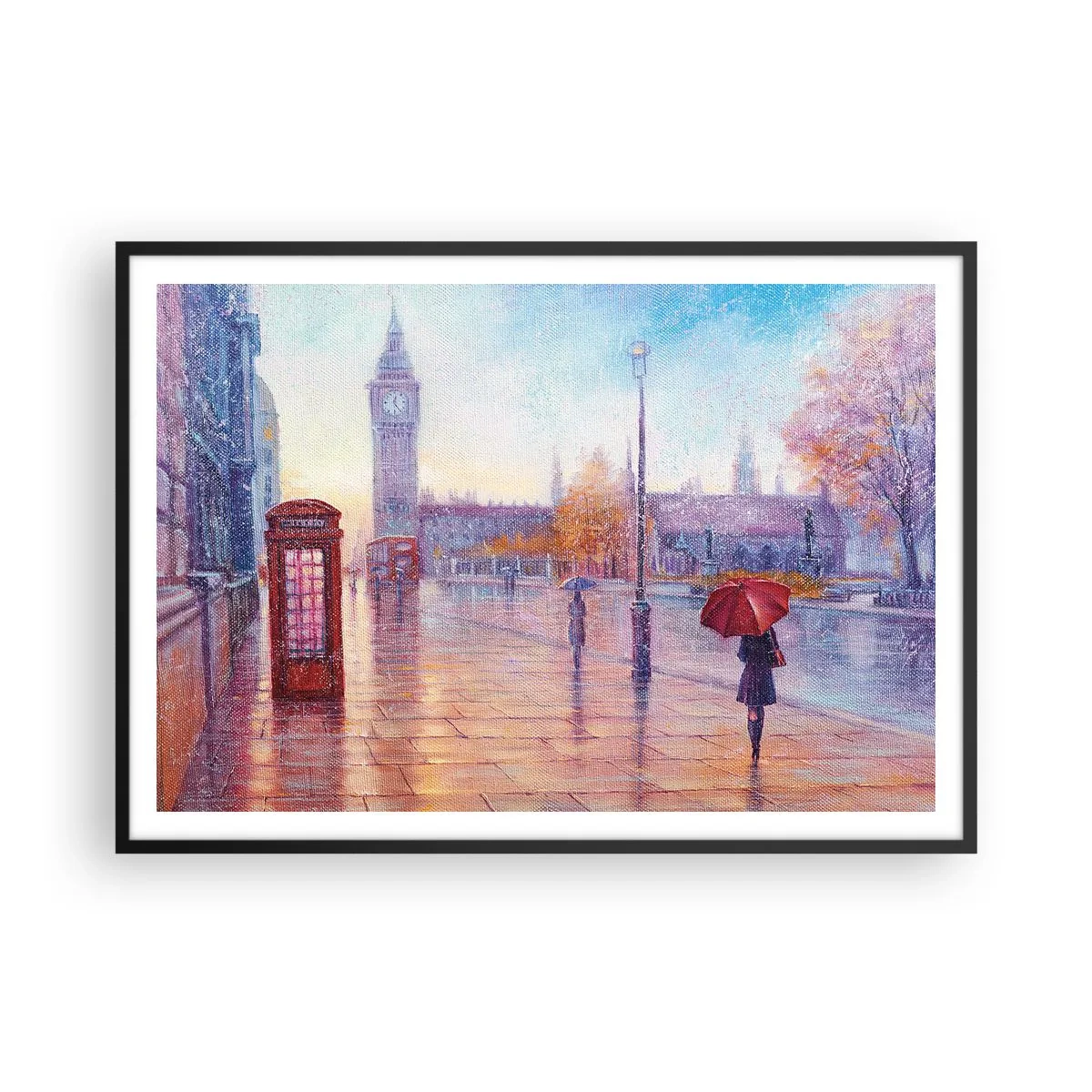 Poster in cornice nera - Strada di Londra con il Big Ben in una giornata piovosa - 100x70cm - Giorno d'autunno a Londra - Decorazione murale moderna per soggiorno e camera da letto ARTTOR