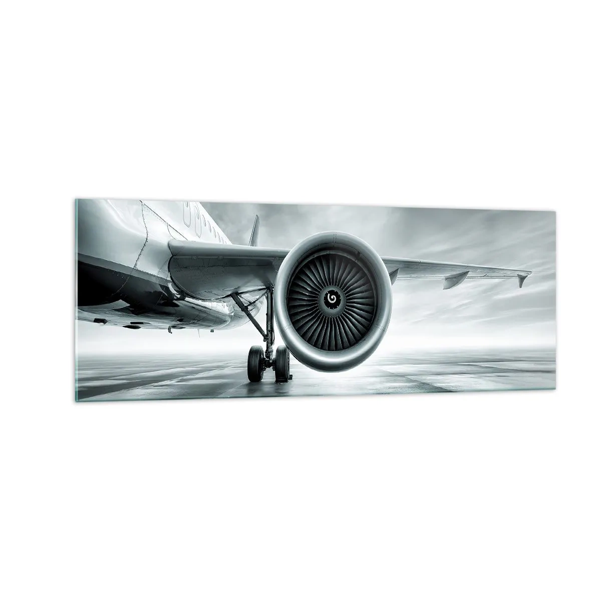 Quadro su vetro - Il motore a reazione di un aereo sulla pista - 140x50cm - C'è la forza! - Decorazione murale moderna per soggiorno e camera da letto ARTTOR