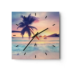 Orologio da parete - Orologio in Vetro - Spiaggia con una palma e un tramonto sull'oceano - 30x30cm - Sera nell'insenatura - Decorazione murale moderna per soggiorno e camera da letto ARTTOR