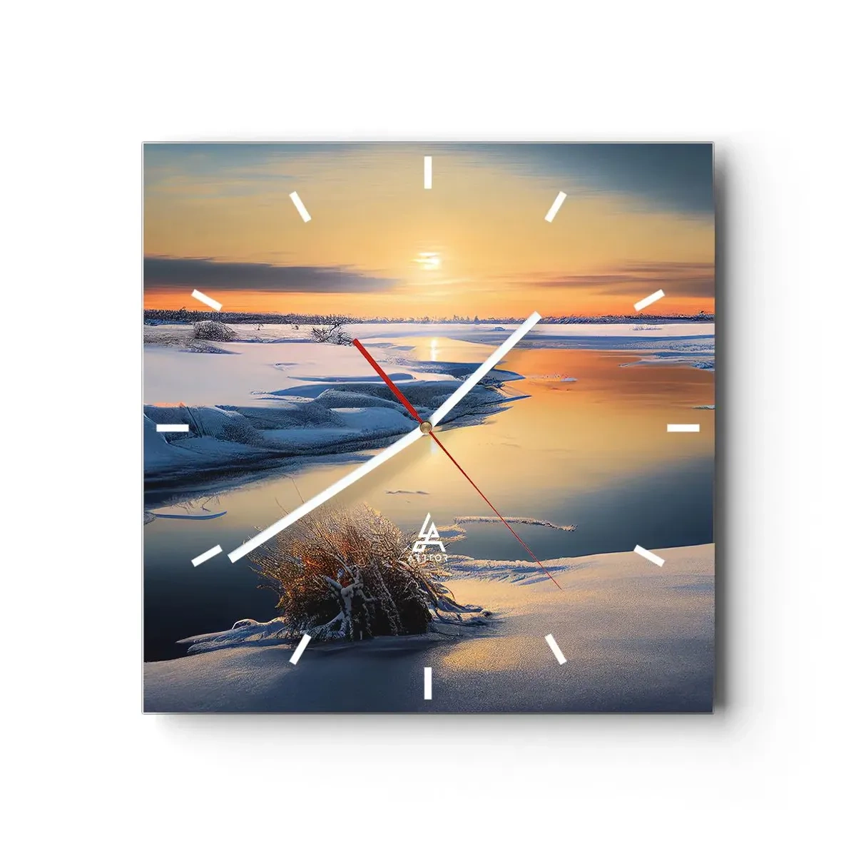 Orologio da parete - Orologio in Vetro - Paesaggio invernale con un fiume al tramonto - 30x30cm - Tramonto invernale - Decorazione murale moderna per soggiorno e camera da letto ARTTOR