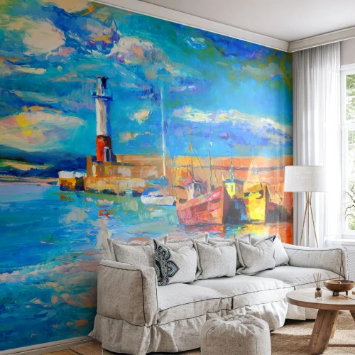 Fotomurali Premium Sand - Pomeriggio nell'insenatura multicolore - Porto dei Pescatori, Peschereccio, Faro - 250x175 cm