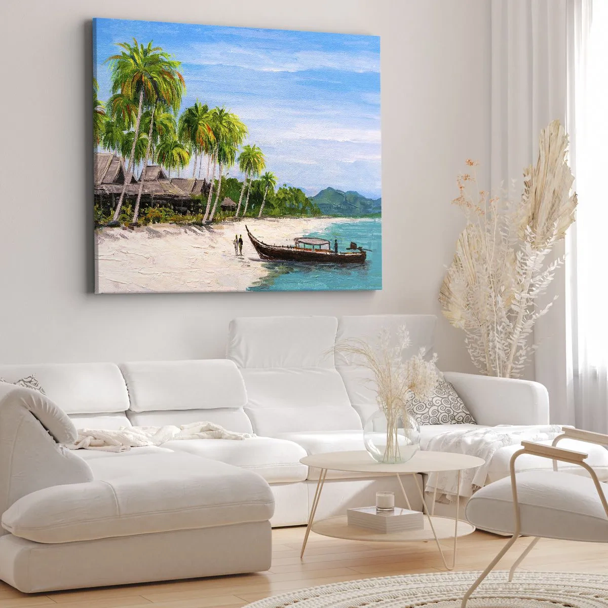 Quadro su tela - Stampe su Tela - Una spiaggia esotica con palme e una barca sulla riva - 120x80cm - Sogno esotico - Decorazione murale moderna per soggiorno e camera da letto ARTTOR