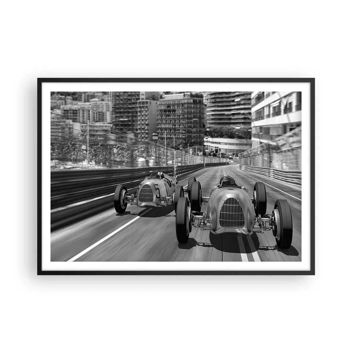 Poster in cornice nera - Scena di gara automobilistica retrò monocromatica - 100x70cm - Tanto tempo fa a Montecarlo - Decorazione murale moderna per soggiorno e camera da letto ARTTOR