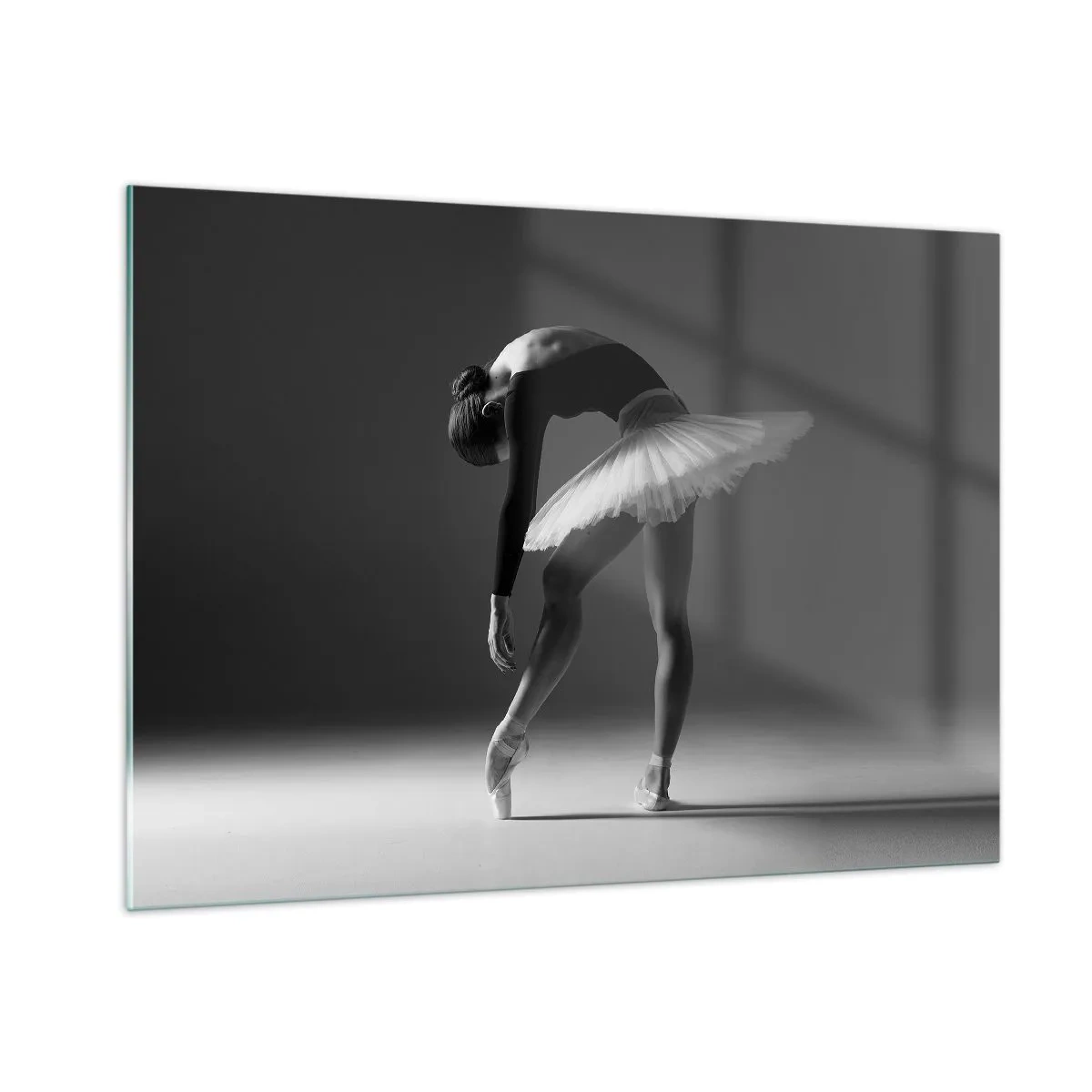 Quadro su vetro - Silhouette in bianco e nero di una ballerina in una posa aggraziata - 100x70cm - Bella ballerina - Decorazione murale moderna per soggiorno e camera da letto ARTTOR
