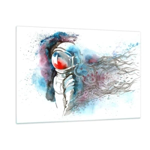 Quadro su vetro - Astronauta in un ambiente spaziale dinamico ad acquerello - 120x80cm - Da solo nel cosmo - Decorazione murale moderna per soggiorno e camera da letto ARTTOR