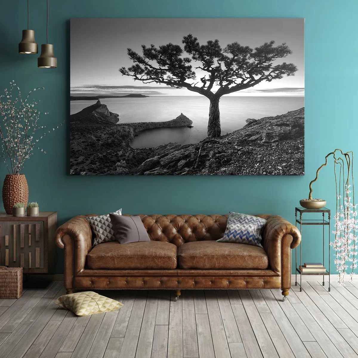 Quadro su tela - Stampe su Tela - Paesaggio in bianco e nero con un albero solitario su una scogliera a picco sul mare - 120x80cm - Pace fino all'orizzonte - Decorazione murale moderna per soggiorno e camera da letto ARTTOR