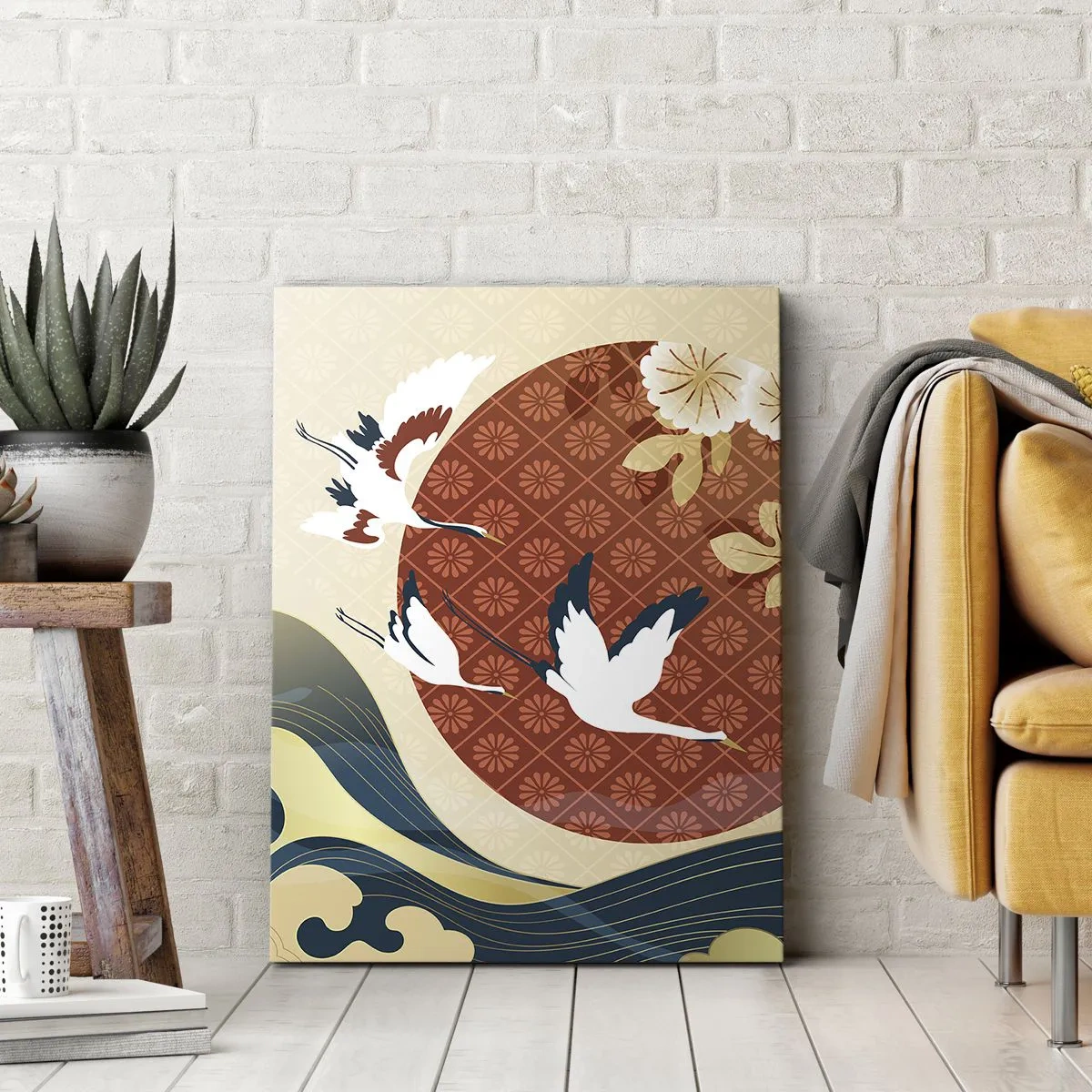 Quadro su tela - Stampe su Tela - Composizione giapponese con gru e onde - 50x70cm - Favola giapponese - Decorazione murale moderna per soggiorno e camera da letto ARTTOR