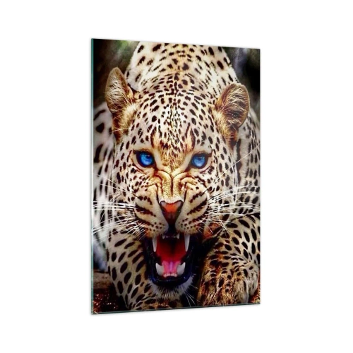 Quadro su vetro - Un leopardo minaccioso con intensi occhi blu - 70x100cm - La rabbia non rovina la bellezza - Decorazione murale moderna per soggiorno e camera da letto ARTTOR