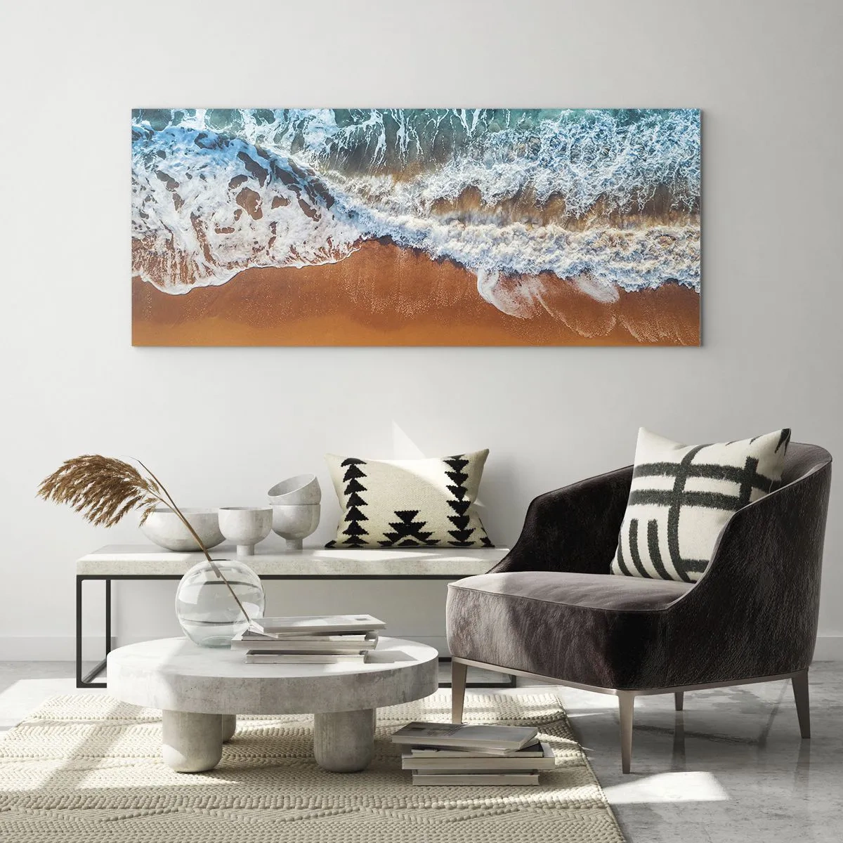 Quadro su vetro - Vista aerea delle onde dell'oceano che si infrangono sulla riva - 160x50cm - Sempre in coppia - Decorazione murale moderna per soggiorno e camera da letto ARTTOR