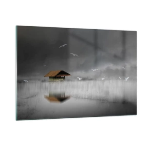 Quadro su vetro - Una casa sull'acqua nella nebbia con uccelli che volano - 120x80cm - Riparo dalla pioggia - Decorazione murale moderna per soggiorno e camera da letto ARTTOR