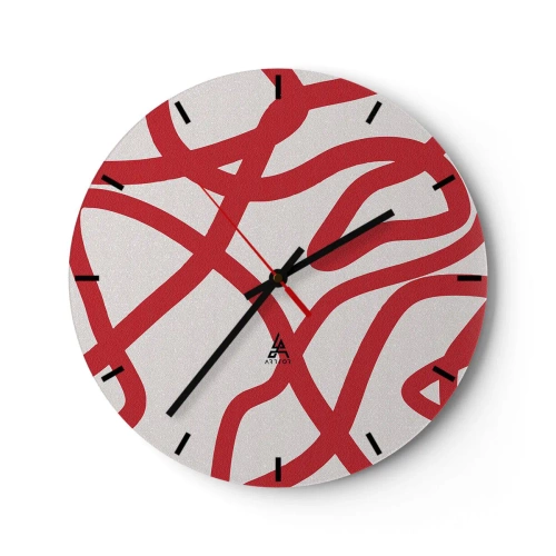Orologio da parete - Orologio in Vetro - Linee rosse astratte che si snodano su uno sfondo bianco in una disposizione dinamica. - 30x30cm - Rosso su bianco - Decorazione murale moderna per soggiorno, cucina e camera da letto ARTTOR