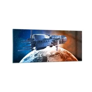 Quadro su vetro - Un'astronave sullo sfondo di un pianeta nello spazio - 120x50cm - Un attento osservatore - Decorazione murale moderna per soggiorno e camera da letto ARTTOR