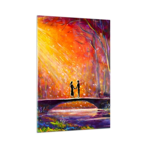 Quadro su vetro - Una coppia su un ponte alla luce del sole al tramonto, circondata dagli alberi. - 50x70cm - Anche il cielo li ama - Decorazione murale moderna per soggiorno e camera da letto ARTTOR