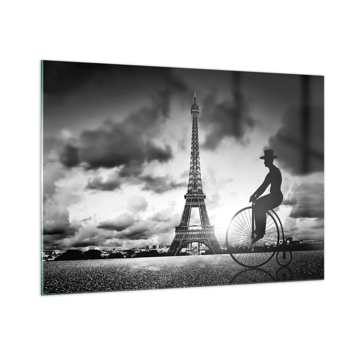 Quadro su vetro - Torre Eiffel con bicicletta retrò in bianco e nero - 100x70cm - Nostalgia della Belle Epoque - Decorazione murale moderna per soggiorno e camera da letto ARTTOR