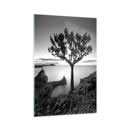 Quadro su vetro - Paesaggio in bianco e nero con un albero solitario su una scogliera a picco sul mare - 70x100cm - Pace fino all'orizzonte - Decorazione murale moderna per soggiorno e camera da letto ARTTOR