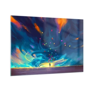 Quadro su vetro - Una persona che tiene in mano dei palloncini colorati su uno sfondo di vento blu. - 100x70cm - Sul vento blu - Decorazione murale moderna per soggiorno e camera da letto ARTTOR