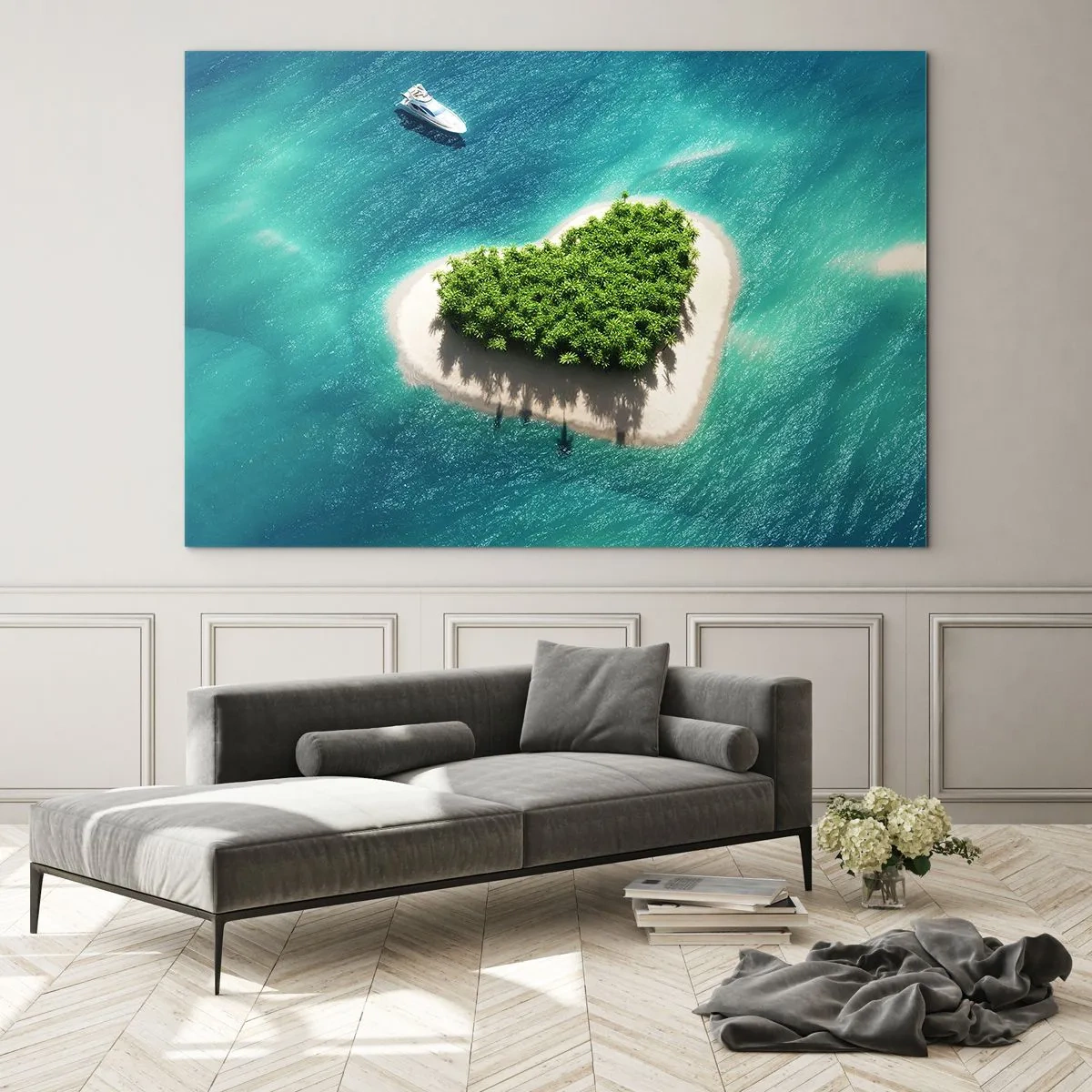 Quadro su vetro - Illustrazione di un'isola a forma di cuore con una barca sullo sfondo di un mare turchese - 100x70cm - Amo l'estate - Decorazione murale moderna per soggiorno e camera da letto ARTTOR