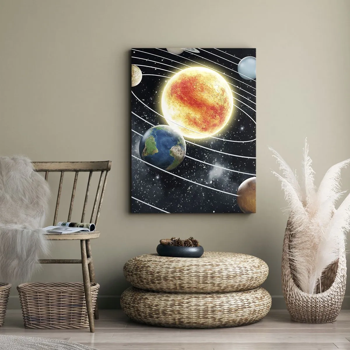 Quadro su tela - Stampe su Tela - Sistema solare con pianeti e sole nello spazio - 70x100cm - Danza cosmica - Decorazione murale moderna per soggiorno e camera da letto ARTTOR