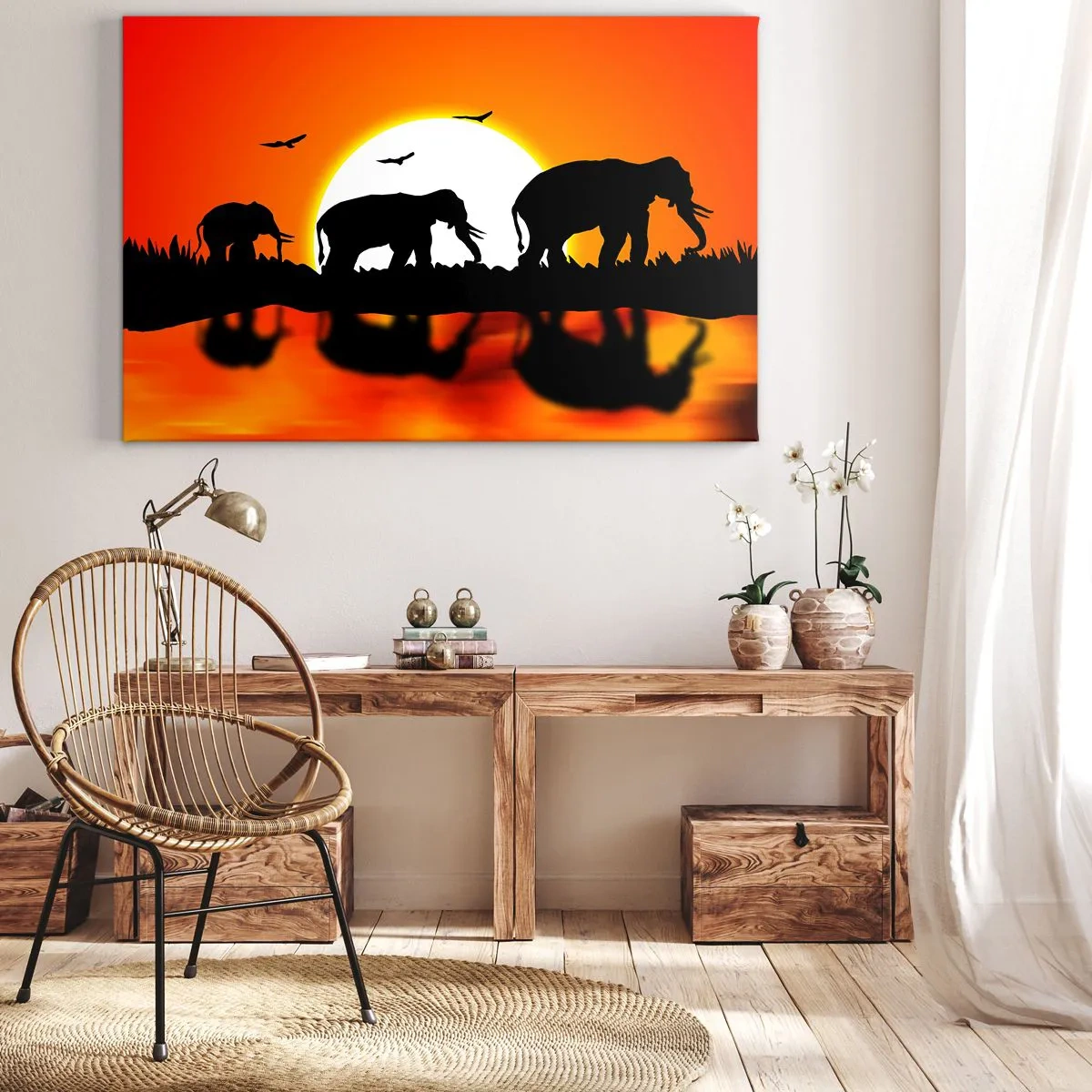 Quadro su tela - Stampe su Tela - Sagome di elefanti al tramonto sull'acqua con riflesso - 120x80cm - Un piccolo drink la sera - Decorazione murale moderna per soggiorno e camera da letto ARTTOR