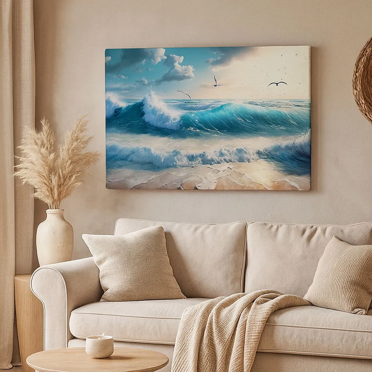 Quadro su tela - Stampe su Tela - Onde del mare sulla spiaggia sotto un cielo azzurro con gabbiani - 70x50cm - Mormora solo per te - Decorazione murale moderna per soggiorno e camera da letto ARTTOR