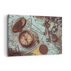 Quadro su tela - Stampe su Tela - Composizione con bussola, chiavi e una vecchia mappa in stile retrò - 120x80cm - Per il cercatore di avventure - Decorazione murale moderna per soggiorno e camera da letto ARTTOR