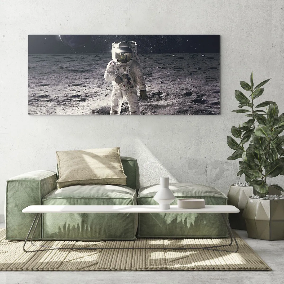 Quadro su vetro - Astronauta sulla superficie della Luna con la Terra sullo sfondo - 160x50cm - Saluti dalla luna - Decorazione murale moderna per soggiorno e camera da letto ARTTOR