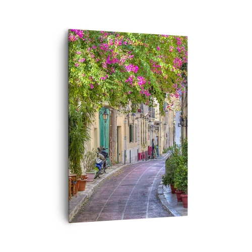 Quadro su tela - Stampe su Tela - Una strada affascinante con viti in fiore e tavolini da caffè - 70x100cm - Angolo fiorito - Decorazione murale moderna per soggiorno e camera da letto ARTTOR