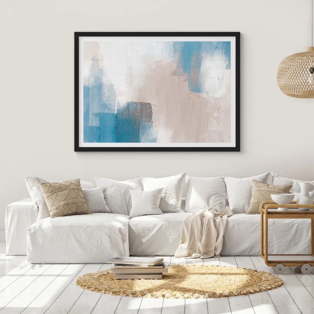 Poster in cornice nera - Forme astratte nei toni del blu e del beige - 70x50cm - Astrazione rosa coperta dal blu - Decorazione murale moderna per soggiorno e camera da letto ARTTOR