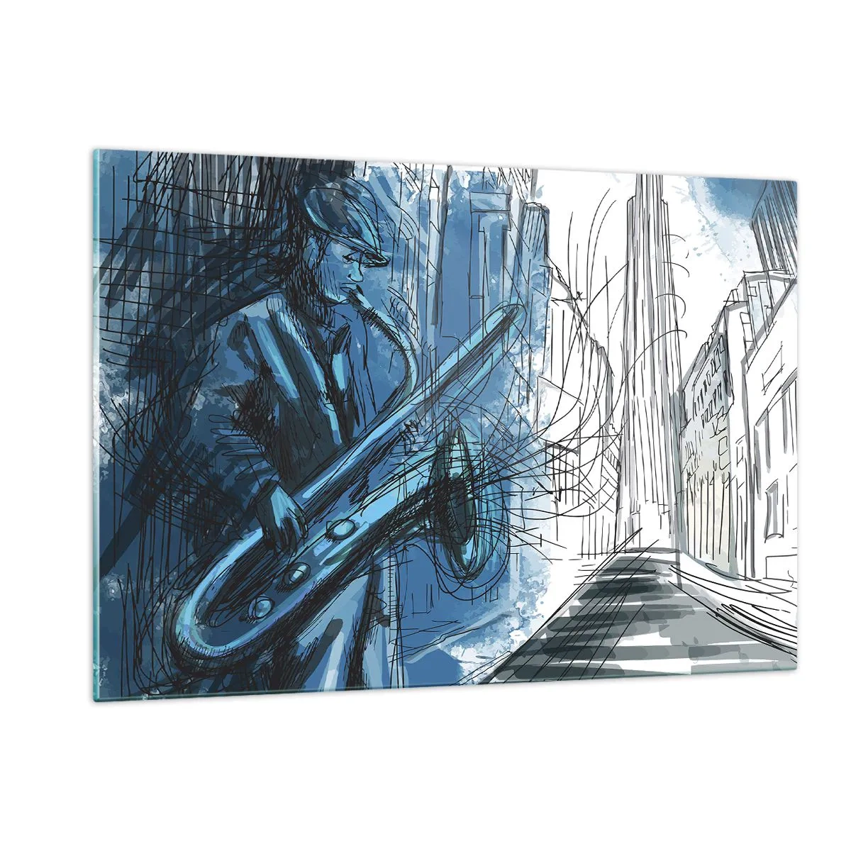 Quadro su vetro - Sassofonista jazz in un ambiente urbano dai toni blu - 120x80cm - Rapsodia urbana - Decorazione murale moderna per soggiorno e camera da letto ARTTOR