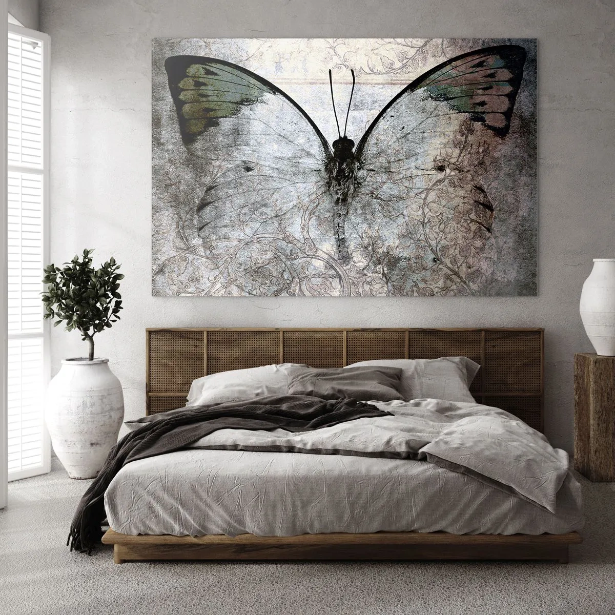 Quadro su vetro - Farfalla astratta sullo sfondo di un vecchio ornamento - 100x70cm - In stile Art Nouveau - Decorazione murale moderna per soggiorno e camera da letto ARTTOR