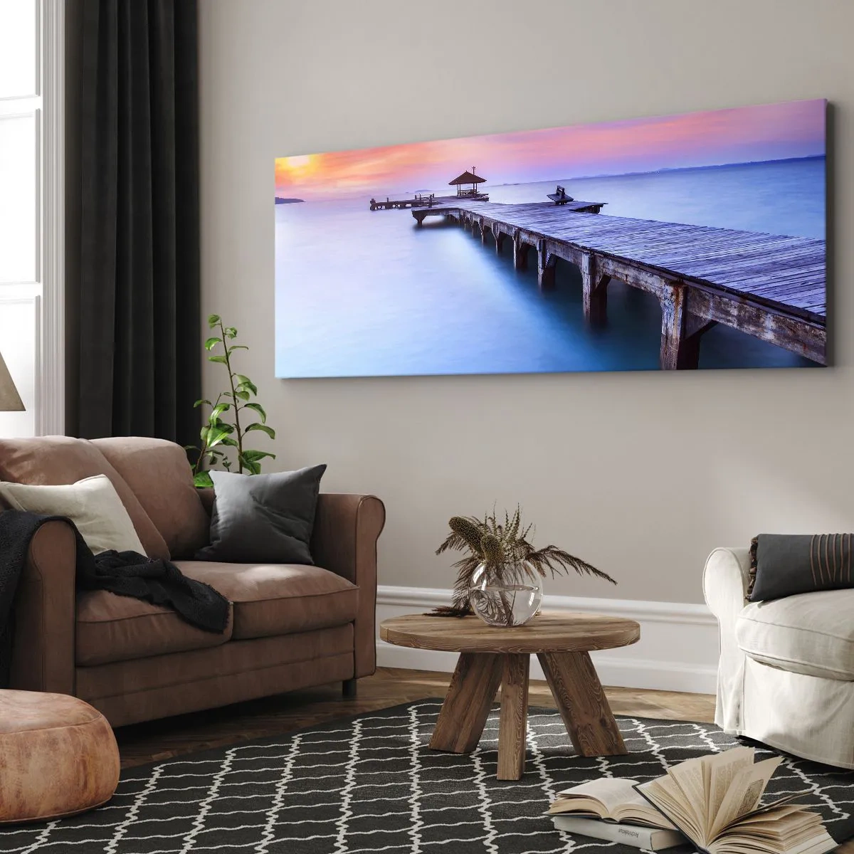 Quadro su tela - Stampe su Tela - Molo di legno che conduce all'acqua durante il tramonto - 140x50cm - Un mare di pace fino all'orizzonte - Decorazione murale moderna per soggiorno e camera da letto ARTTOR