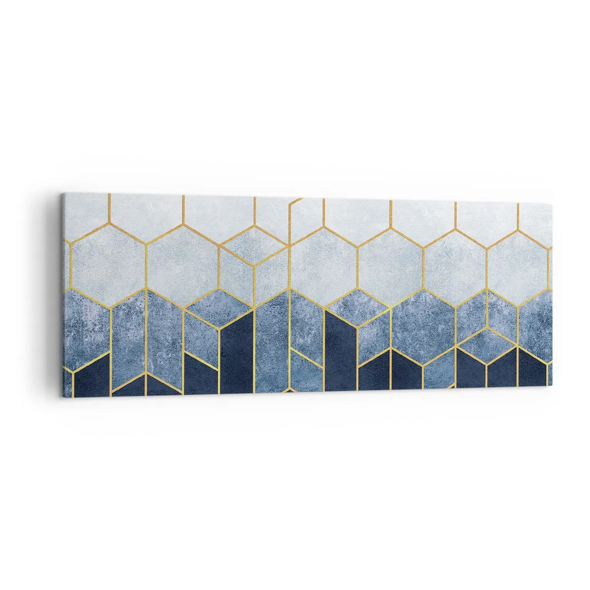 Quadro su tela - Stampe su Tela - Motivo geometrico nei toni dell'oro e del blu navy - 140x50cm - Composizione a ritmo sincopato - Decorazione murale moderna per soggiorno e camera da letto ARTTOR