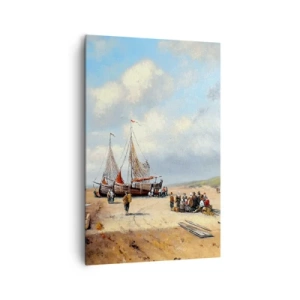 Quadro su tela - Stampe su Tela - Barche da pesca sulla spiaggia con figure umane - 80x120cm - Dopo una buona pesca - Decorazione murale moderna per soggiorno e camera da letto ARTTOR